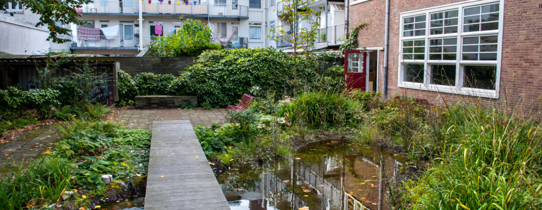 Regenwatervijver met houten loper bij Tuin van Jan Amsterdam Weerproof