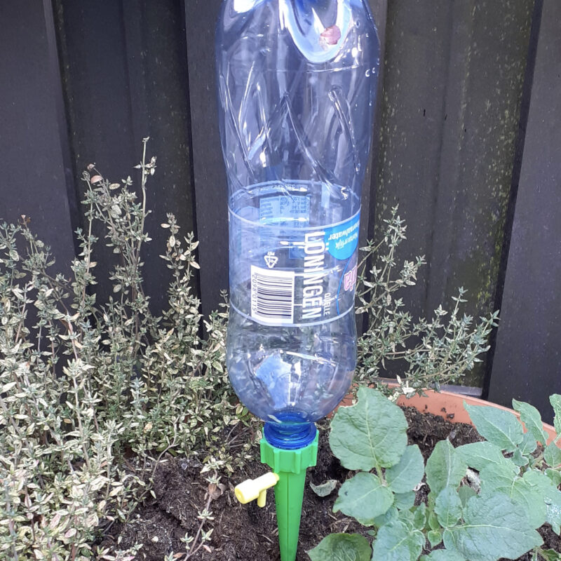 Druppelaar van petfles in de tuin