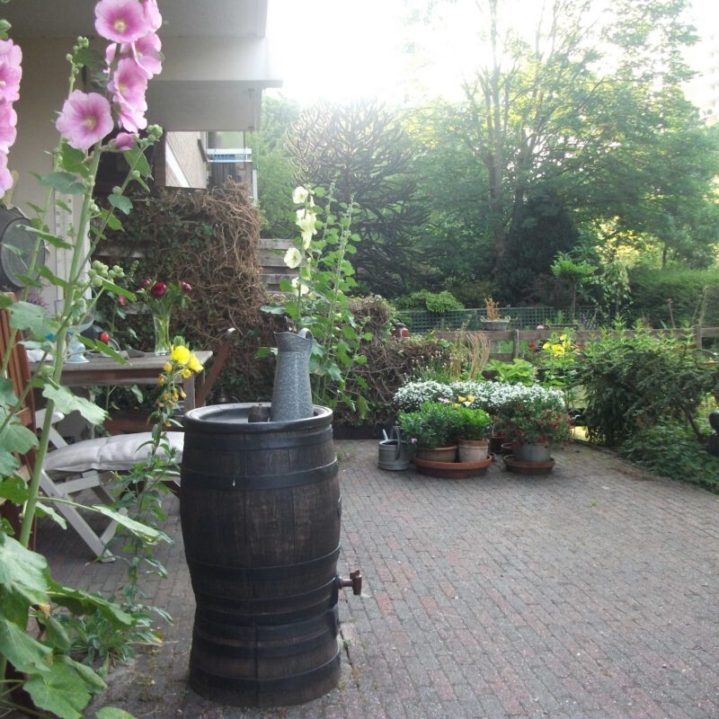 Regenton in groene tuin met bloemen Amsterdam Weerproof