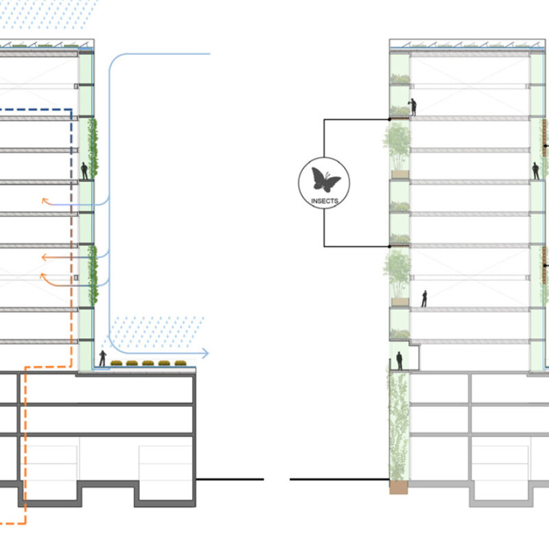 Dwarsdoorsnede gebouw met verticaal landschap