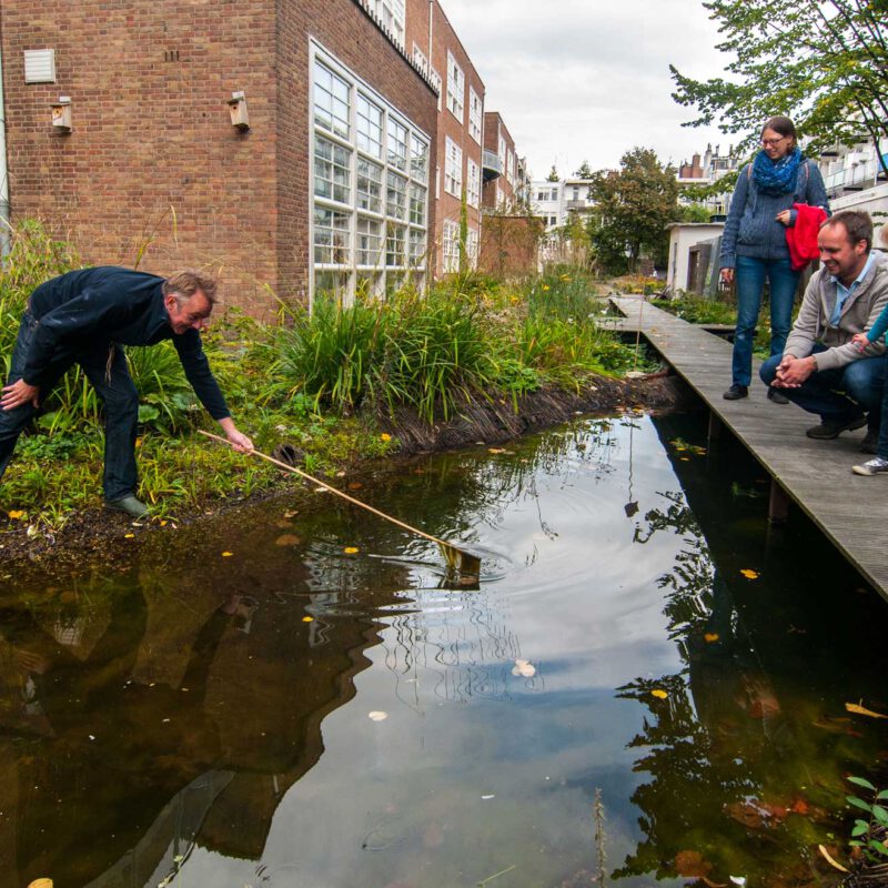 Kind en drie volwassenen leren over de regenwatervijver in de Tuin van Jan Amsterdam Weerproof