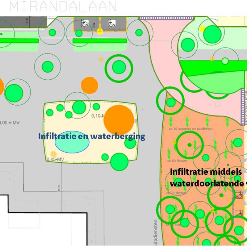 Kaart van grindtuin op voorplein van De Mirandabad Amsterdam Weerproof