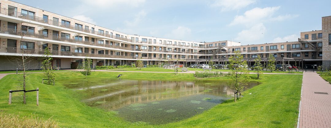 Wadi in binnentuin nieuwhuizen van Vesteda met kleine bomen Amsterdam Weerproof