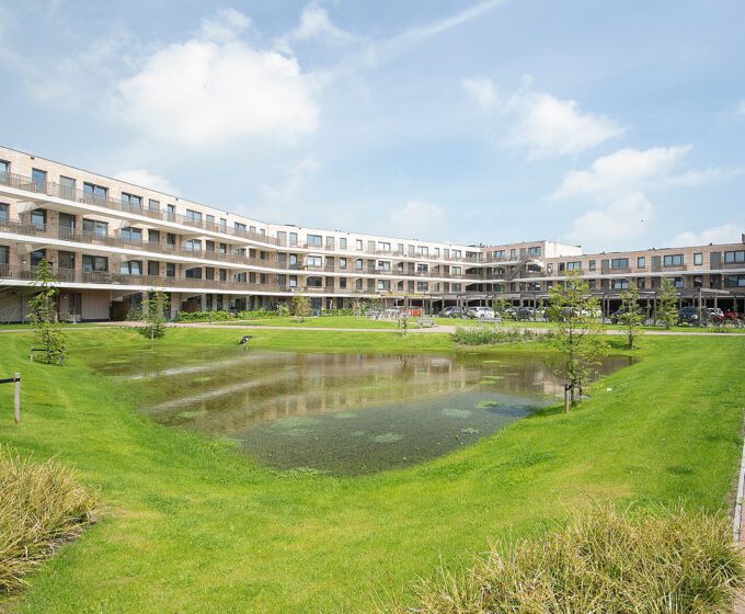 Wadi in binnentuin nieuwhuizen van Vesteda met kleine bomen Amsterdam Weerproof