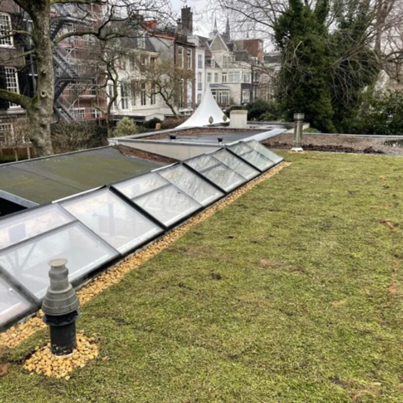 Groen dak met dakraam op de Herengracht door de Groendakspecialist